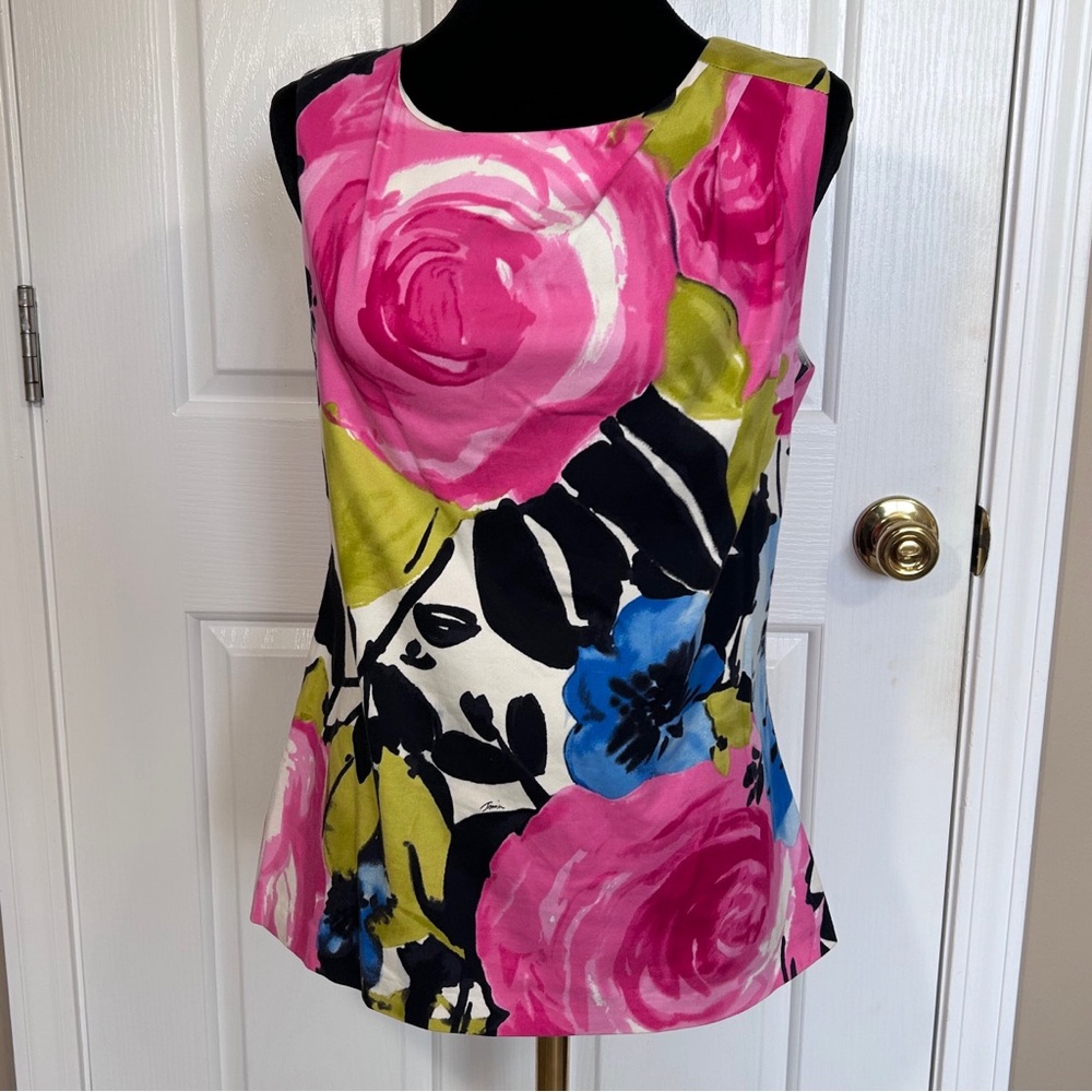 Trina Turk Floral Sleeveless Top Size M Pink Bold Rose Print Mod
